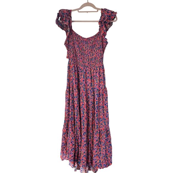 Women's Summer Floral Maxi Dress Square Neck Smocked Boho Ruffle Tie Back Flowy - Picture 1 of 8